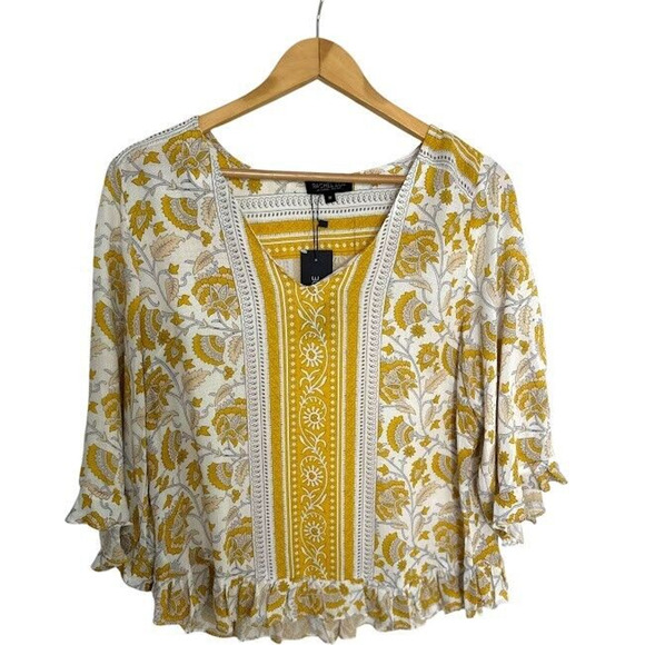 Rachel Zoe Gold Yellow Floral Ruffle V Neck Boho Peasant Top Shirt Flowy Medium - Picture 1 of 9